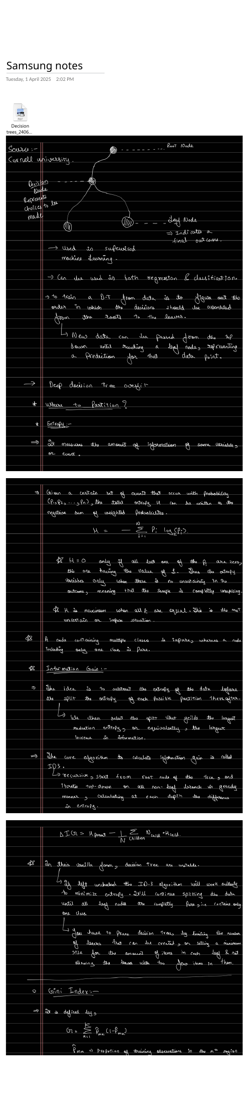 Handwritten notes page 1: decision tree structure with root, decision and leaf nodes, supervised learning, training order, and overfitting