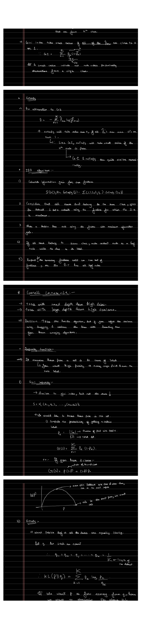 Handwritten notes page 2: entropy definition and properties, information gain, the ID3 algorithm, and the Gini index