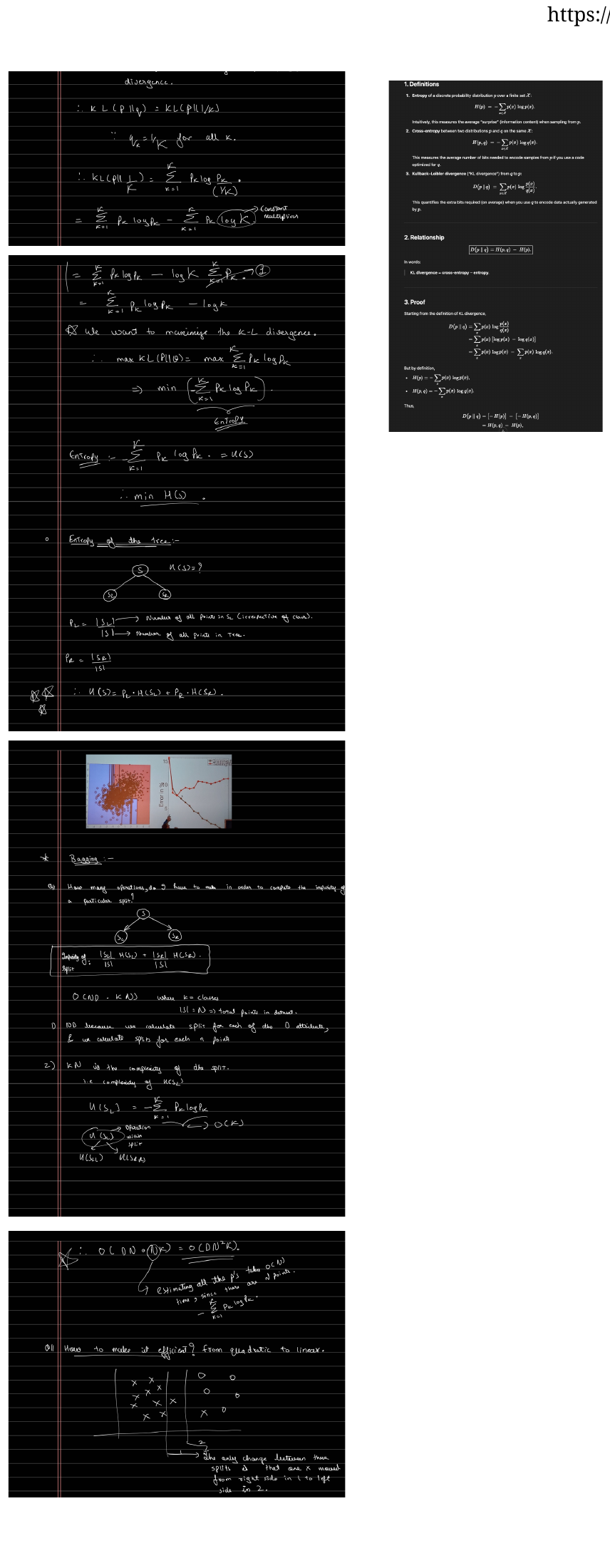 Original handwritten page 3: expansion of KL against a uniform reference, an entropy/cross-entropy relationship, and a weighted child-entropy expression.