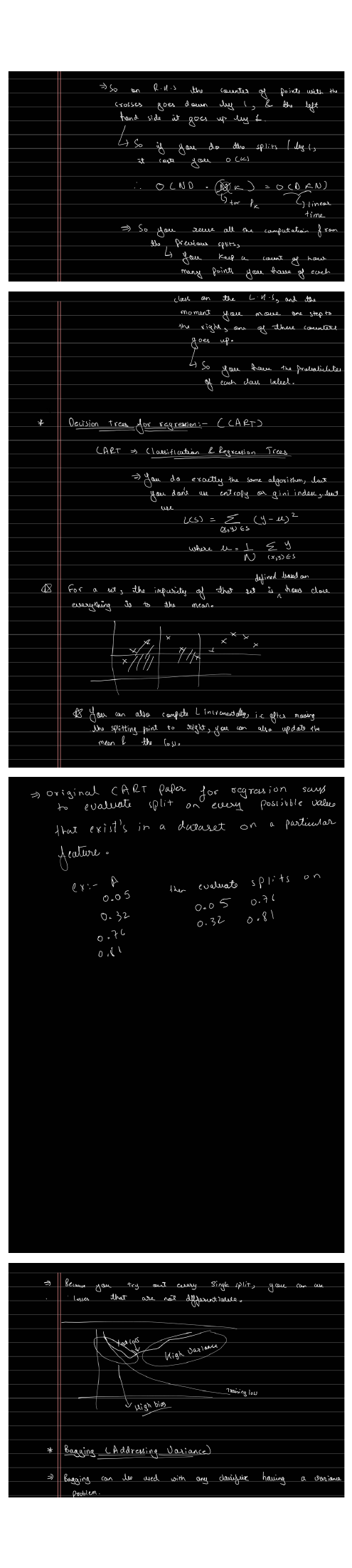 Handwritten page 4: incremental left/right class counts, CART regression with squared error, candidate feature values, and a schematic training/test-error sketch.