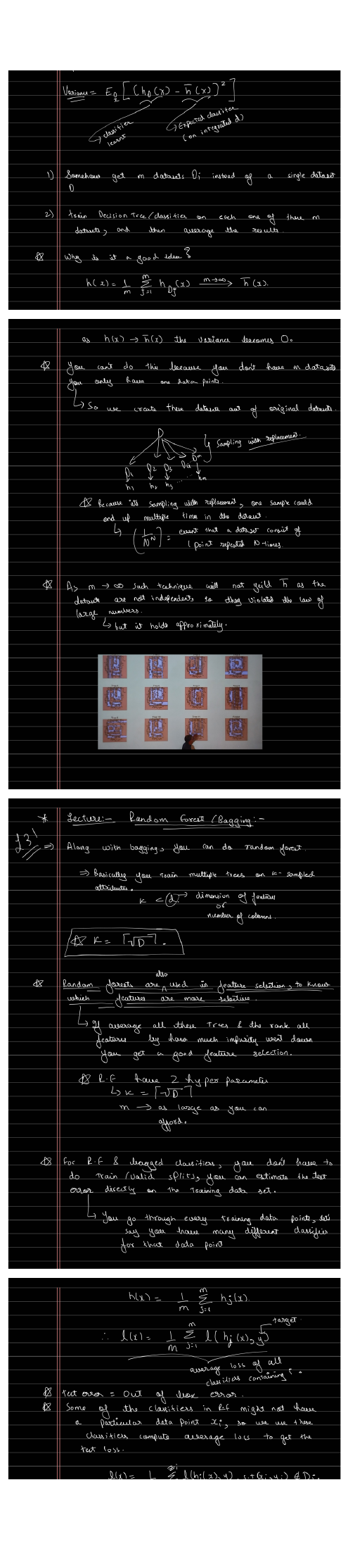 Handwritten notes page 5: variance, bootstrap sampling with replacement, random forests, and feature sub-sampling