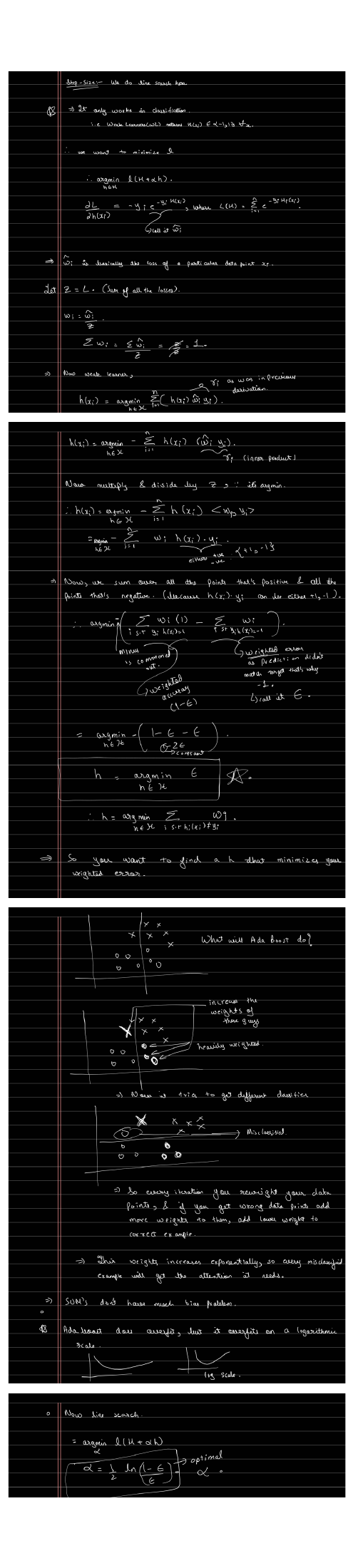 Handwritten notes page 8: AdaBoost weighted-error derivation, the alpha line search, and the reweighting picture