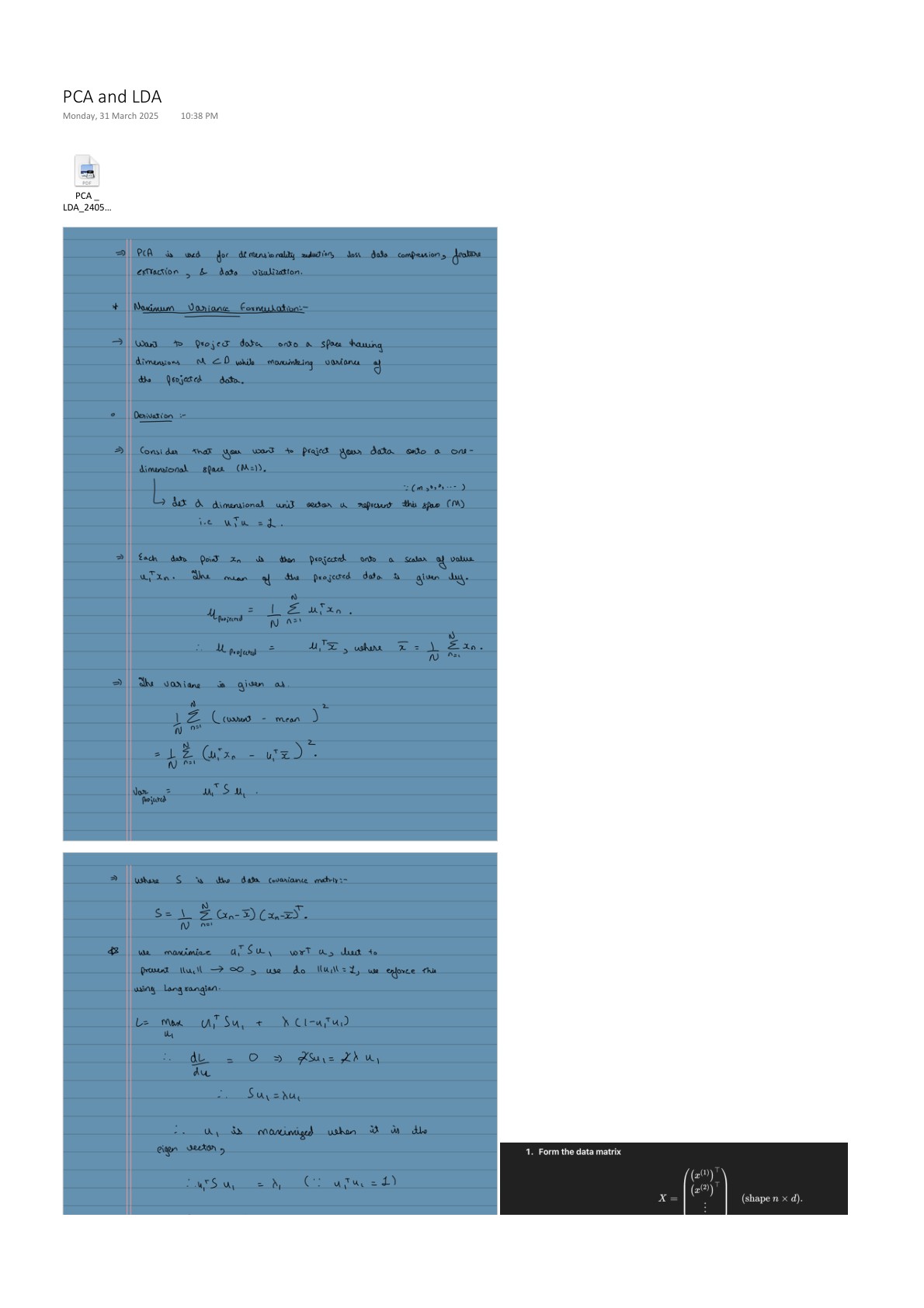Original handwritten PCA derivation connecting projected variance, covariance, and the leading eigenvector.