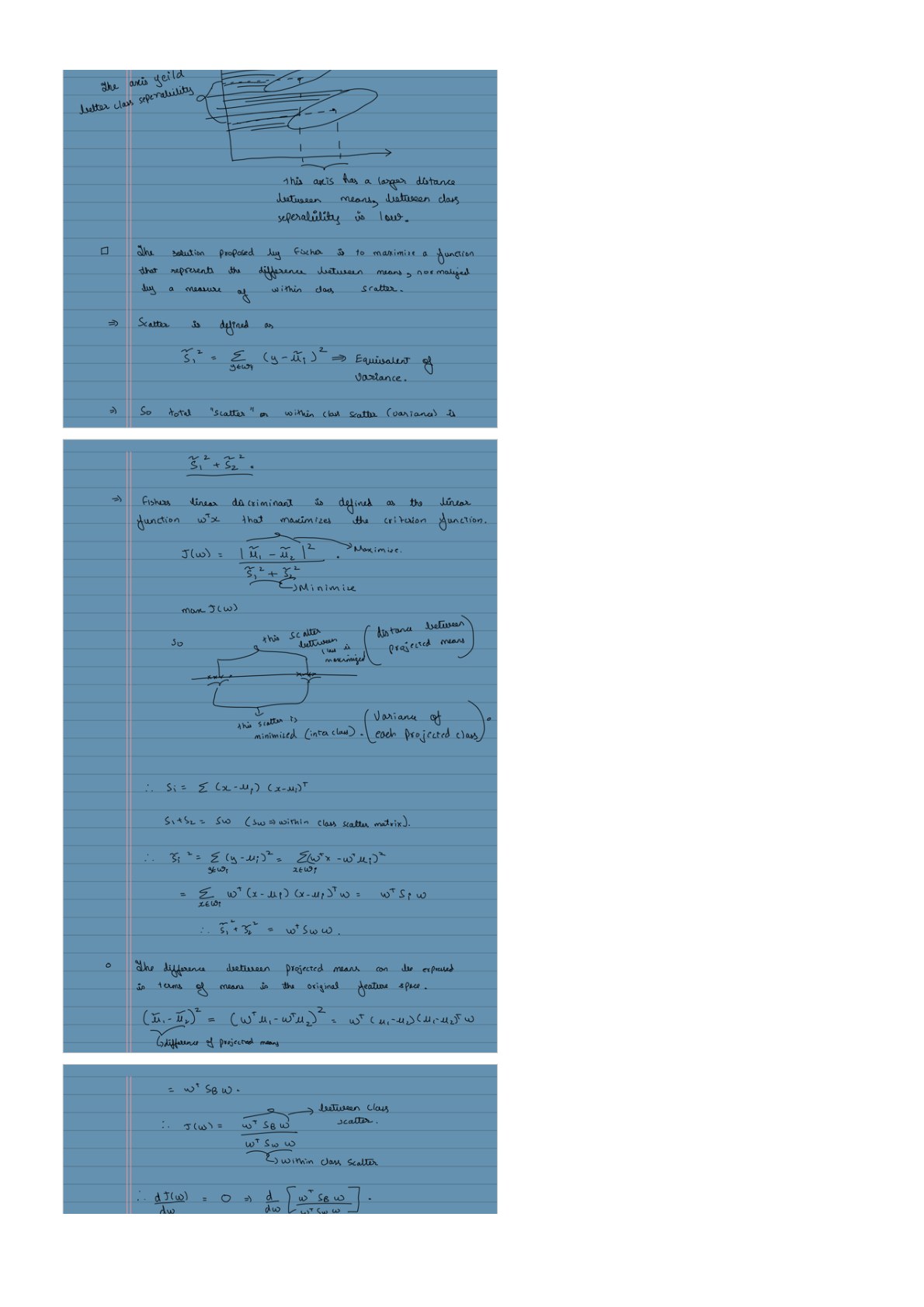 Original handwritten Fisher criterion, projected class means and within-class scatter derivation.